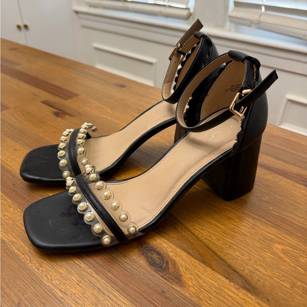 Women's Black Pearl-Trim Ankle Strap Block Heels